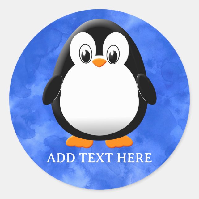 Cute Penguin Cartoon Custom Blue Watercolor Classic Round Sticker (Front)