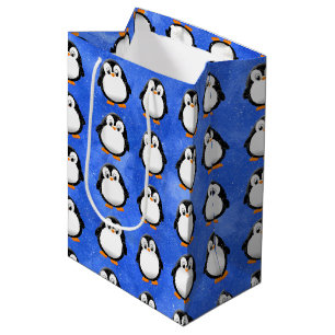 Cute Penguin Cartoon Custom Blue Watercolor Medium Gift Bag