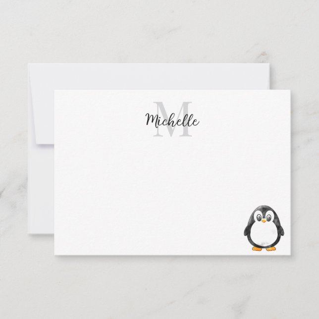 Cute Penguin Cartoon Custom Monogram Card (Front)