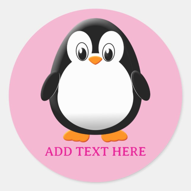 Cute Penguin Cartoon Custom Pink Classic Round Sticker (Front)