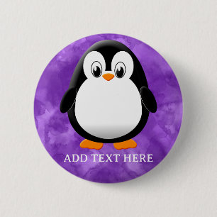 Cute Penguin Cartoon Custom Purple Watercolor 2 Inch Round Button