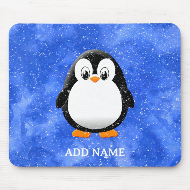 Cute Penguin Cartoon Custom Winter Blue Watercolor Mouse Pad (Front)
