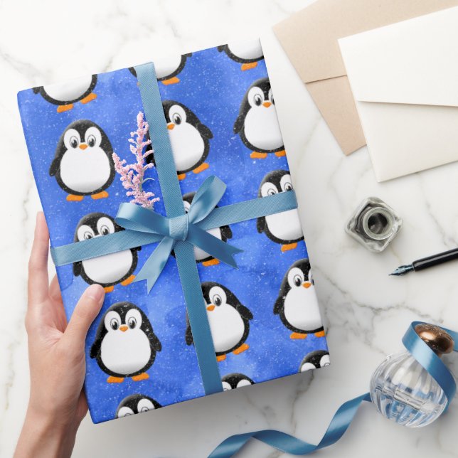 Cute Penguin Cartoon Custom Winter Blue Watercolor Wrapping Paper (Gifting)
