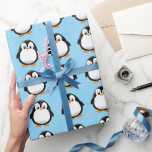 Cute Penguin Cartoon Custom Winter Blue Wrapping Paper
