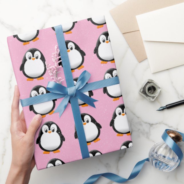 Cute Penguin Cartoon Custom Winter Pink Wrapping Paper (Gifting)
