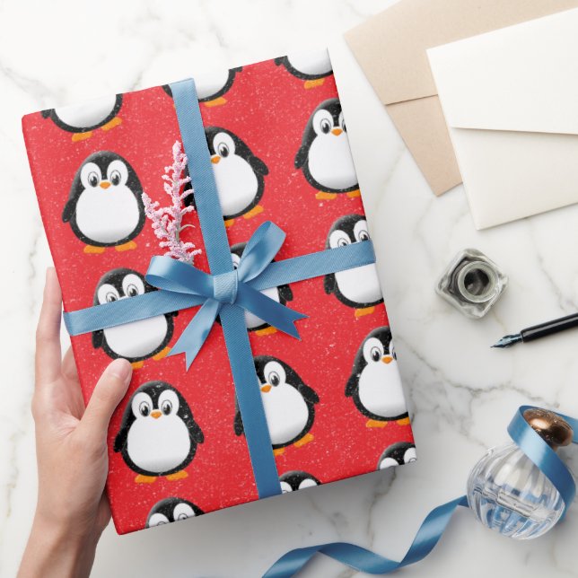 Cute Penguin Cartoon Custom Winter Red Wrapping Paper (Gifting)