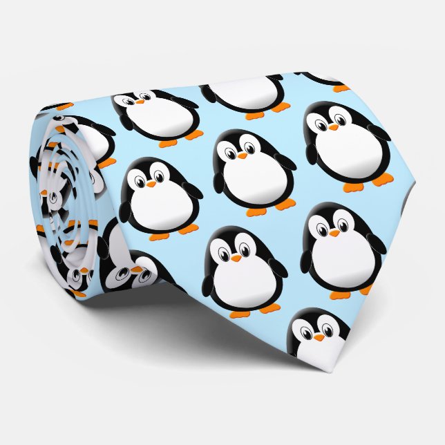 Cute Penguin Cartoon Light Blue Tie (Rolled)