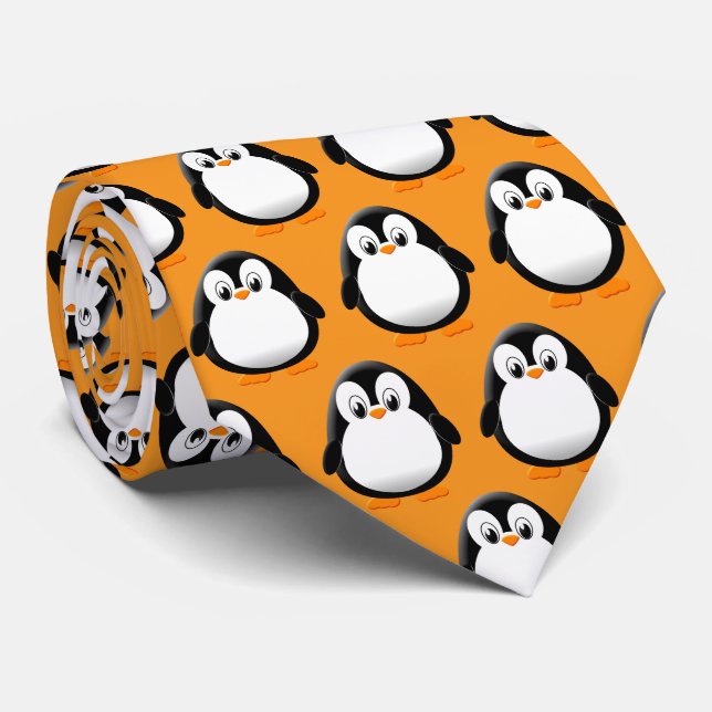 Cute Penguin Cartoon Orange  Tie (Rolled)