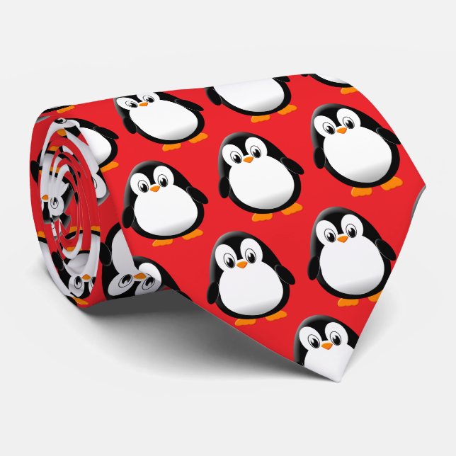 Cute Penguin Cartoon Red  Tie (Rolled)