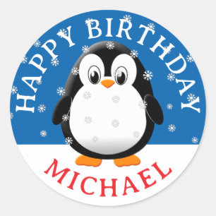 Cute Penguin Cartoon Snow Birthday Custom Name Classic Round Sticker