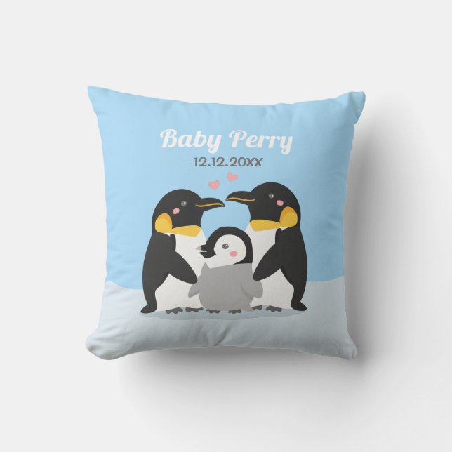 Cute Penguin Chick and Family Baby Nursery Throw Pillow (Front)