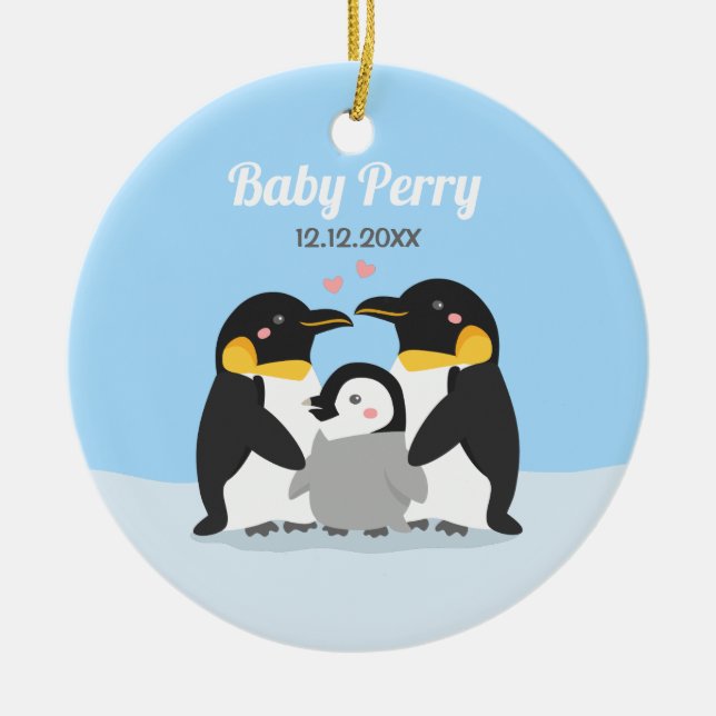 Cute Penguin Chick and Family Personalized Ceramic Ornament (Front)