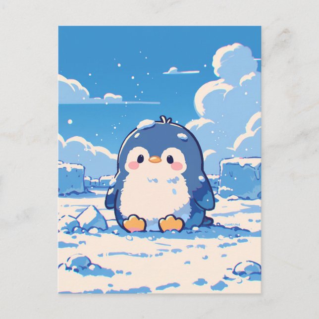 Cute Penguin Chick in Snowy Arctic Landscape Postcard (Front)