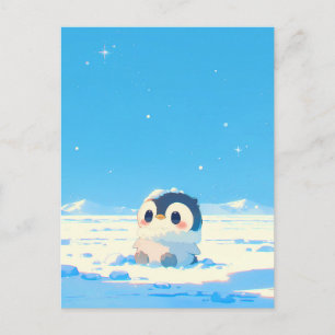 Cute Penguin Chick in Starry Arctic Landscape Postcard
