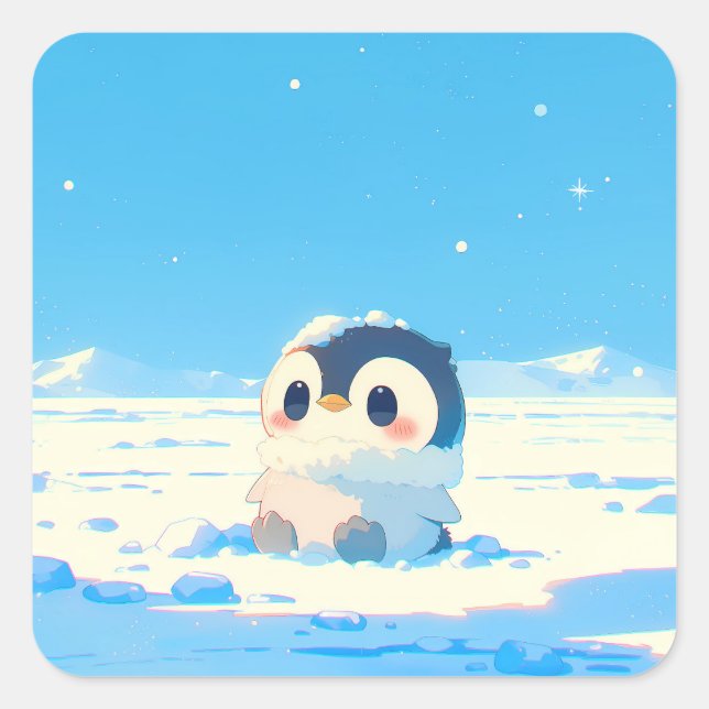 Cute Penguin Chick in Starry Arctic Landscape Square Sticker (Front)