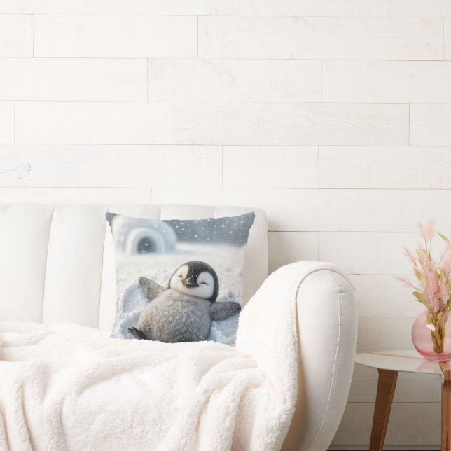 Cute Penguin Chick Making a Snow Angel Throw Pillow (Couch)