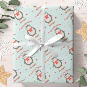Cute Penguin Christmas Aqua Snow Personalized Wrapping Paper
