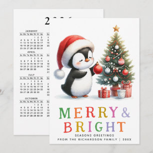 Cute Penguin Christmas Colourful Merry and Bright Holiday Card