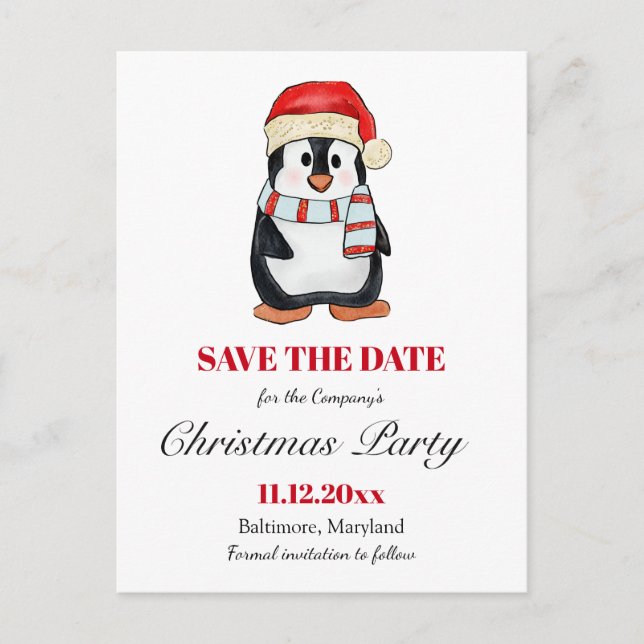 Cute Penguin | Christmas Party Save The Date  Announcement Postcard (Front)