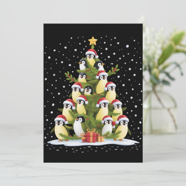 Cute Penguin Christmas Tree Funny Holiday Invitation (Standing Front)