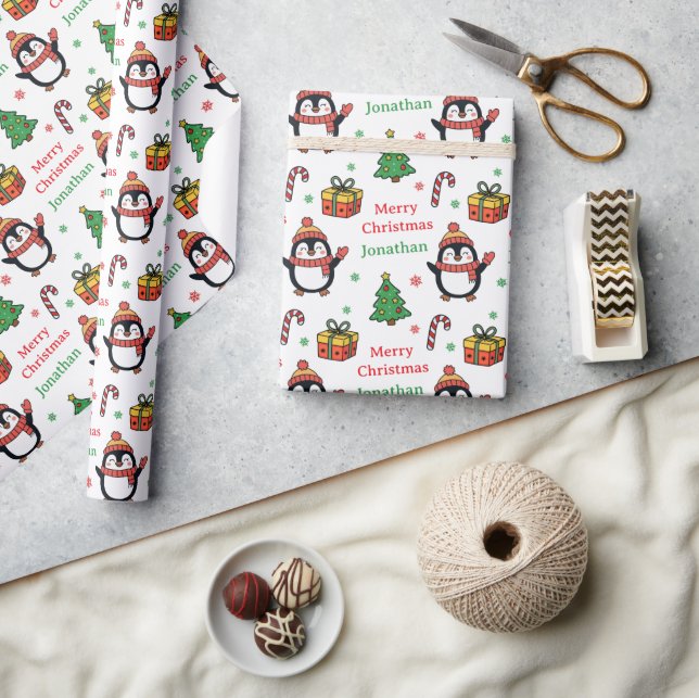 Cute Penguin Christmas Tree Holidays Wrapping Paper (Crafts)