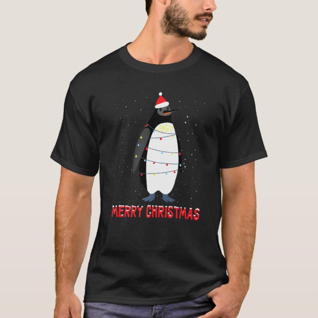 Cute Penguin Christmas Tree Lights T-Shirt (Front)