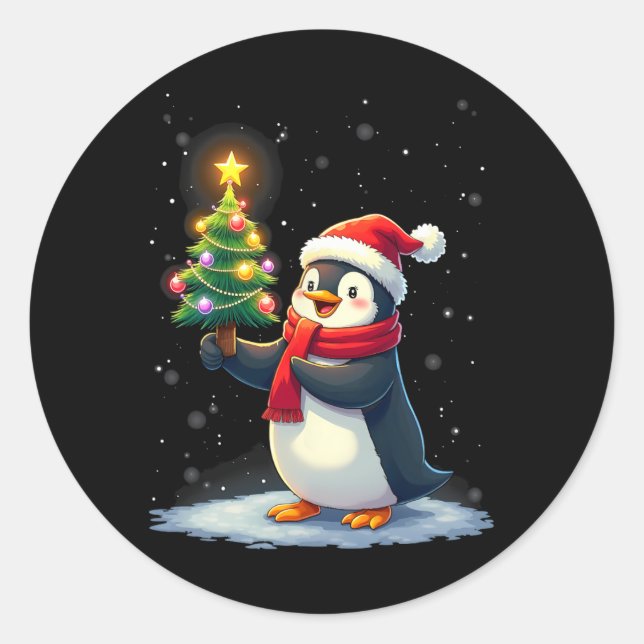 Cute Penguin Christmas Tree Pajama Girls Boys Funn Classic Round Sticker (Front)