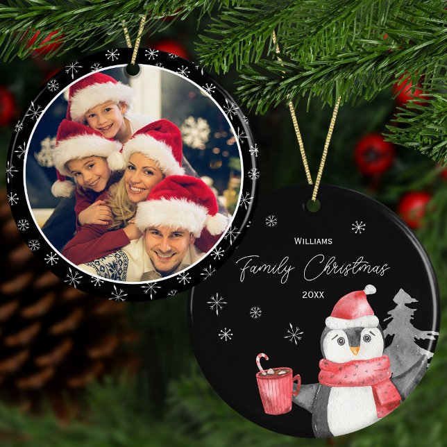Cute Penguin Christmas w Family Name Year + Photo Ceramic Ornament (Creator Uploaded)