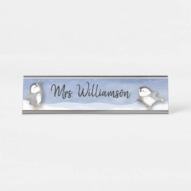 Cute Penguin Classroom Educator Teacher Monogram Desk Name Plate (Front)