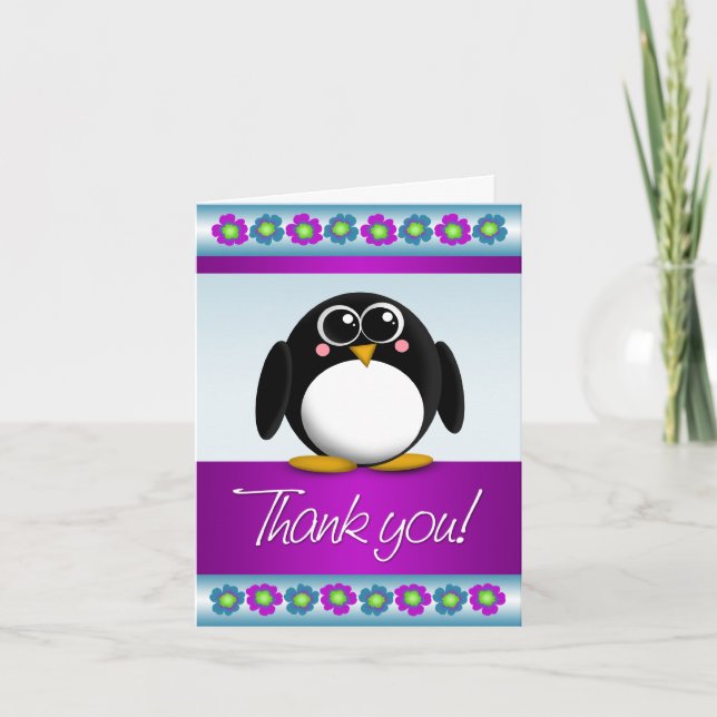 Cute Penguin Colourful Floral Thank You Note Card (Front)
