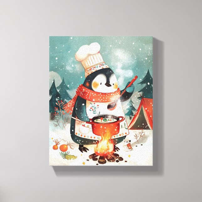 Cute Penguin Cooking Watercolor Winter Nursery Canvas Print (Front)