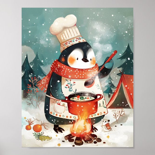 Cute Penguin Cooking Watercolor Winter Nursery Poster (Front)