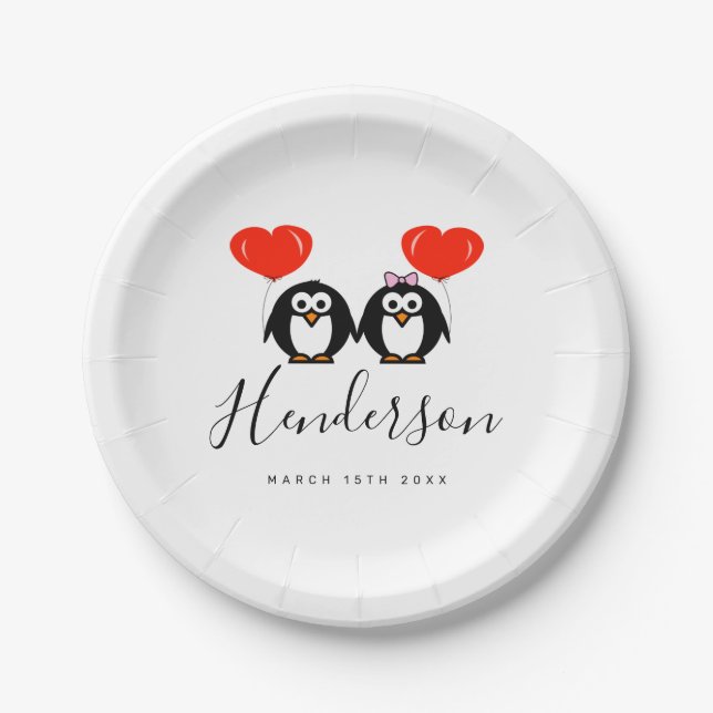 Cute penguin couple cartoon paper wedding Plates (Front)
