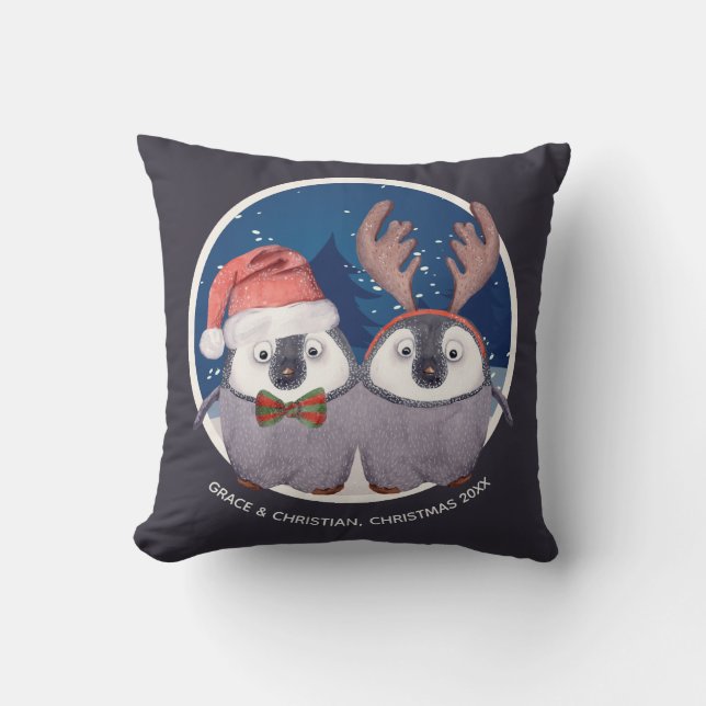 Cute Penguin Couple Christmas Throw Pillow (Front)