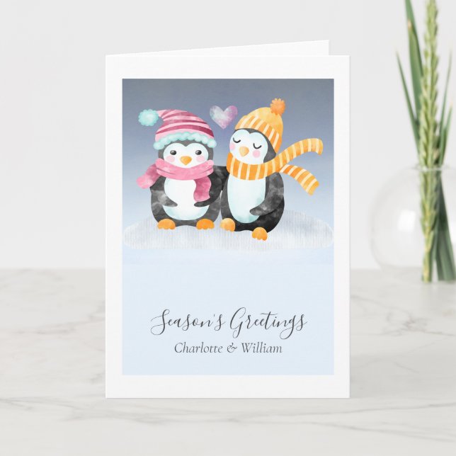 Cute Penguin Couple In Hats Sat In Snow Card (Front)