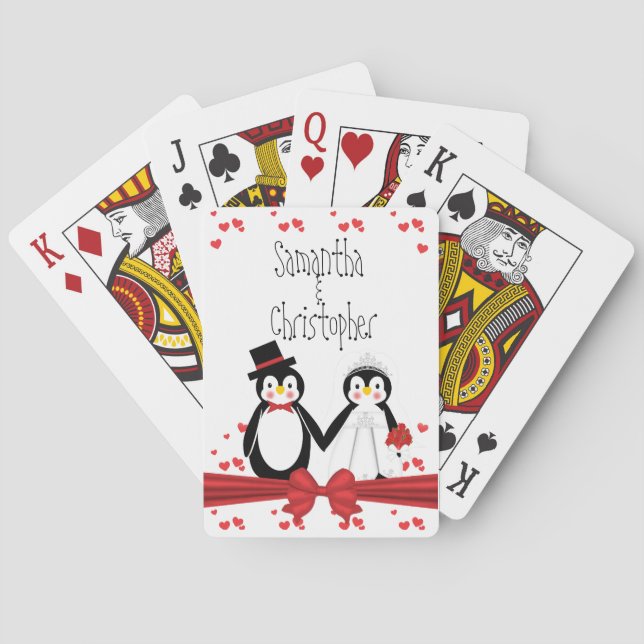 Cute Penguin Couple Wedding Playing Cards (Back)