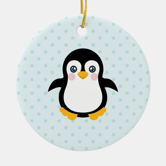 Cute Penguin Design Blue Polka Dot Background Ceramic Ornament (Front)