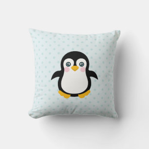 Cute Penguin Design Blue Polka Dot Background Throw Pillow