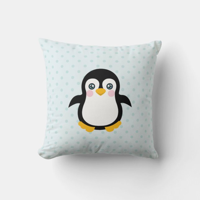 Cute Penguin Design Blue Polka Dot Background Throw Pillow (Front)