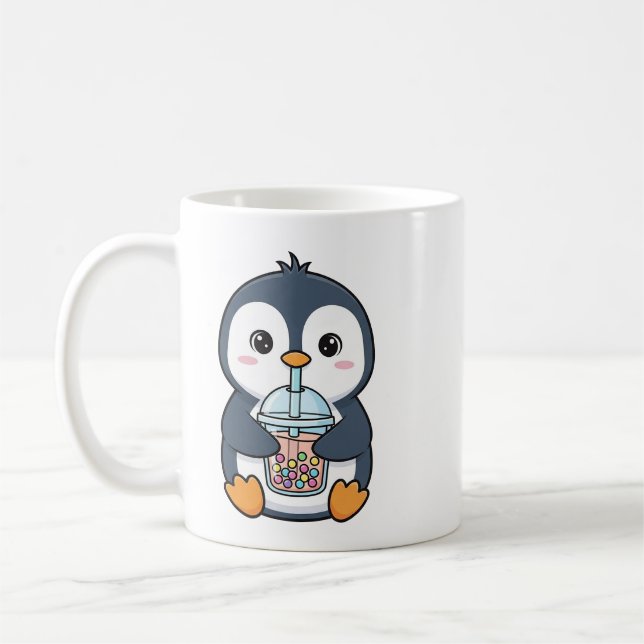 Cute Penguin Drinking Boba Tea Cartoon Coffee Mug (Left)