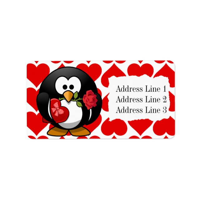Cute Penguin et Coeurs Valentine Étiquette de adre (Devant)