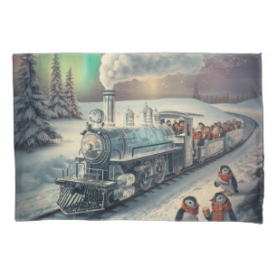 Cute Penguin Express Train Northern Lights Pillowcase