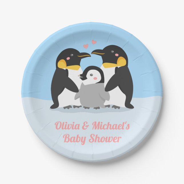Cute Penguin Family Baby Shower Party Supplies Paper Plate (Front)
