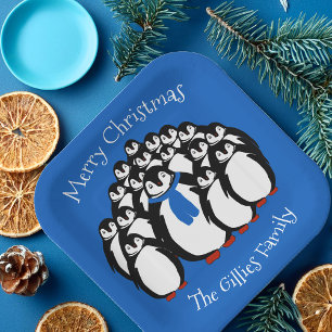 Cute Penguin Family Christmas Blue Party Plates