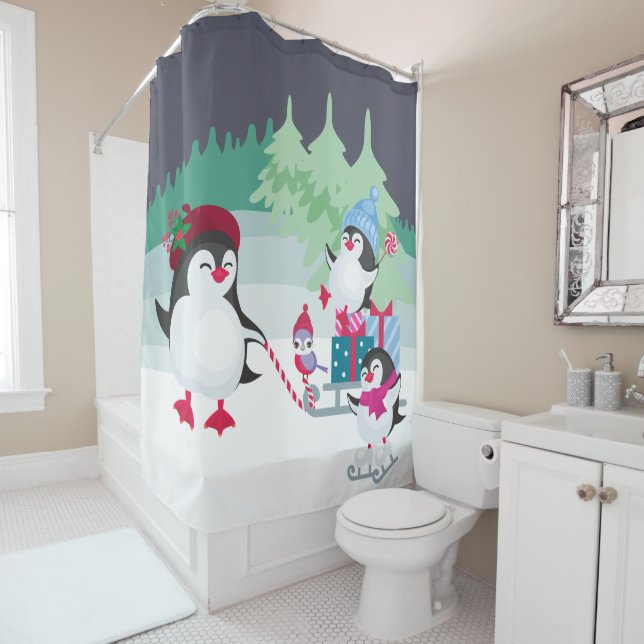 Cute Penguin Family in Festive Forest Snow Scene (In Situ)