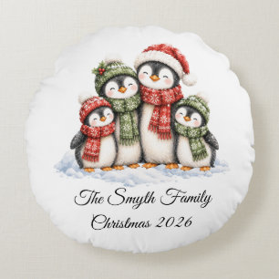 Cute Penguin Family of 4 Custom Christmas Round Pillow