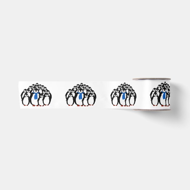 Cute Penguin Family on White Satin Ribbon (Front)