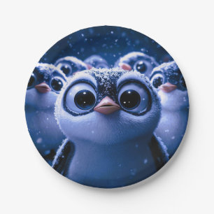 Cute Penguin Family Snowy Winter Night Paper Plate