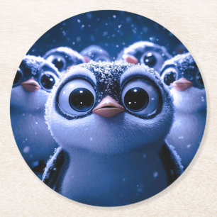 Cute Penguin Family Snowy Winter Night Round Paper Coaster