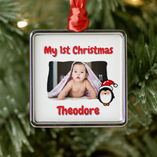Cute Penguin First Christmas Personalised Baby Metal Ornament